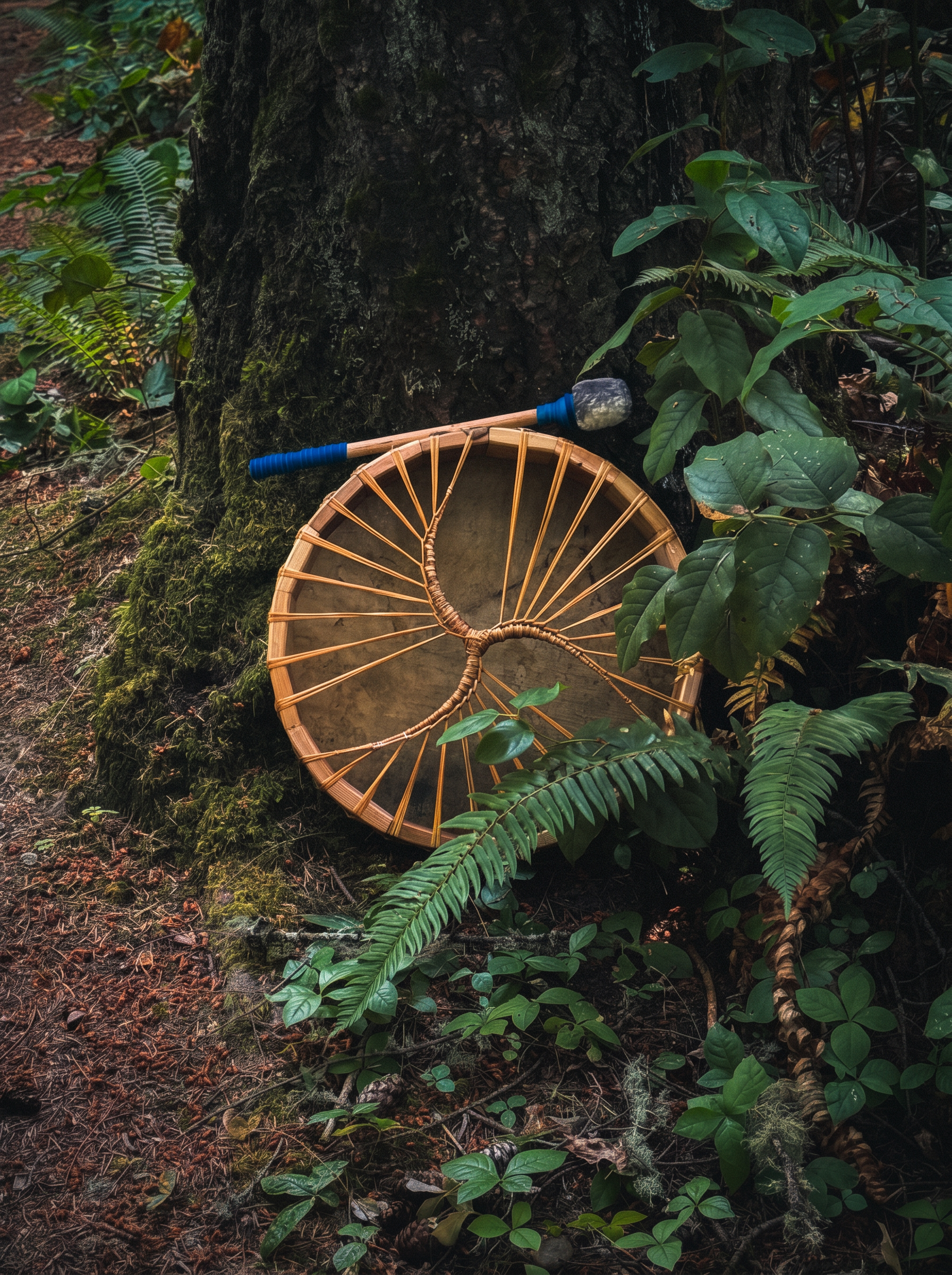 Kayla's ceremonial spirit drum resting against a moss-covered tree in the forest